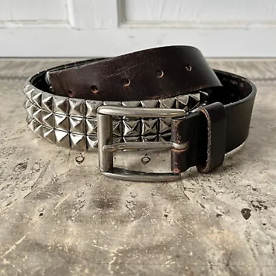 Vtg Dark Brown Leather Studded Belt 3 Row Pyramid Studs Punk Metal Daddy • $75