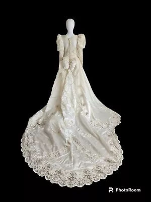 Vintage 90s Wedding Satin Beaded Puff Sleeve Gown Dress Cathedral Train W24  • $65