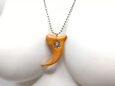 Vintage Tusk/horn Pendant Orange Color Necklace Rhinestone Silver Ball Chain • $10