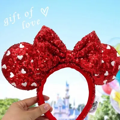 Mickey Mouse Red Heart Sequin Bow Girl Minnie Ears Disney Parks Headband 2022 • $14.53