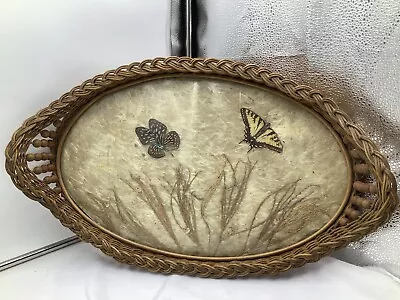 Vintage Wicker Serving Tray With Butterflies Large Oval Glass Bottom • $29.99