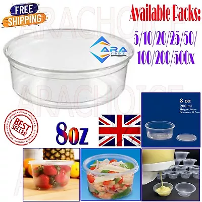 5/25/50/500x 8oz Round Clear Plastic Deli Food/Soup Storage Container Cup + Lids • £8.95