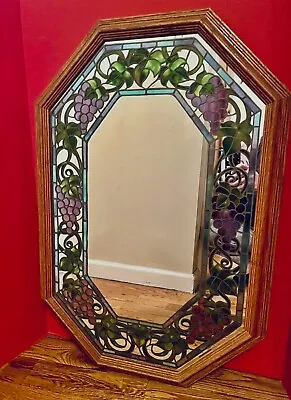 VINTAGE 1998 HEAD WEST OCTAGON MIRROR Stained Glass Style Grapevine Oak Frame • $156.75