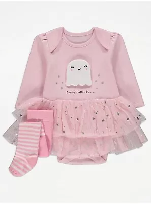 Halloween Ghost Tutu Bodysuit Tights Fancy Dress Baby Girls Outfit 6-9 Months • £9.99