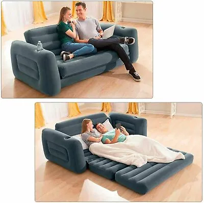 Intex Inflatable Sofa Bed Comfortable Double Pull Out Grey Camping Chair 2 In 1 • £69