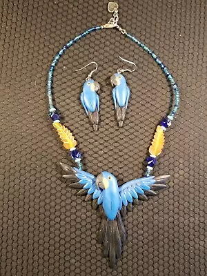 Bird Jewelry Made By Dawn Blue Yellow Black Macaw Necklace Parrot  • $79.99