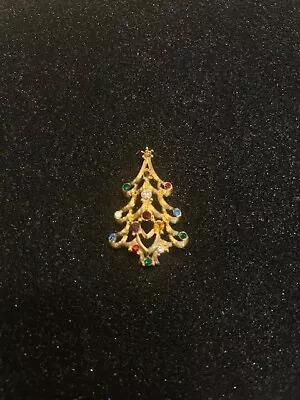 Monet Vintage Christmas Tree Pin Brooch Gold  Plated Signed  Multi Color Crystal • $12