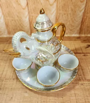 Decorative Mini Elephant Shaped Teapot With Lid 4 Tea Cups & Plate Gold Thailand • $27.61