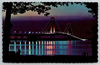 Vintage Postcard MA Mackinac Bridge Night View Lights On Water Chrome -12913 • $1.97