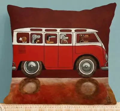 CAMPERVAN With DOGS RED VW CAMPER Dachshund Beagle Poodle GrtDane CUSHION COVER • £5.99