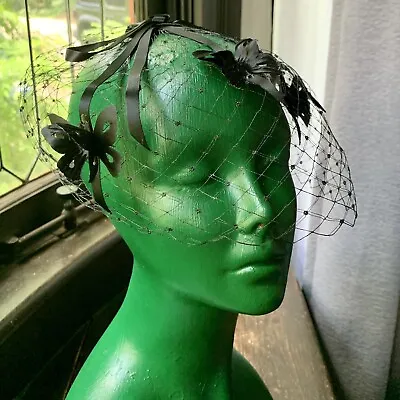 SKOL NIPS Vintage Fascinator Hat Netting Cage Black Butterflies BOX NWOT • $78