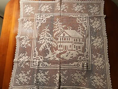 $29 • Buy Vintage Ecru Cotton Hand Crocheted Tablecloth 40  X 40  - House With Trees