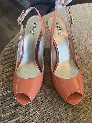 GUESS MarcianoPeach Orange Patent Leather Pumps Peep Toe Sling Back Sz 10 Shoes • $5.44