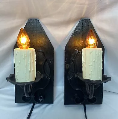 Vintage Pair Of Metal & Wood Candle Wall Sconce Lights Gothic Spanish Revival • $39