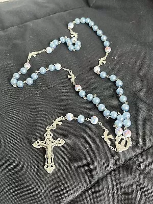 Rosary Beads Vintage Glass Lt Blue Doves Floral Crucifix Catholic Free Ship • $23