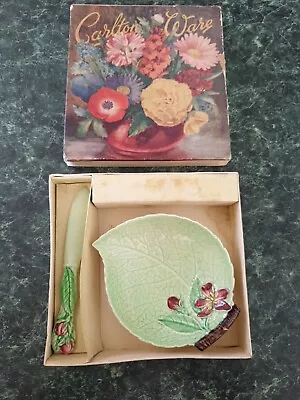 Carlton Ware Handpainted Green Apple Blossom Jam Dish Box & Spoon • $100