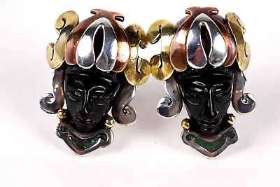 Vintage Mexico Silver 950 Face Black Onyx Aztec Warrior Cuff Links • $119.80