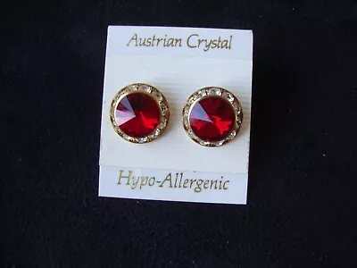 Vintage Austrian Crystal Red & Clear Bright Cluster Gold Tone Stud Earrings • $4.99