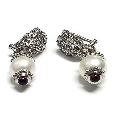 Judith Ripka Sterling Pearl/Rubelitte & CZ Dangle Earrings Pierced • $89