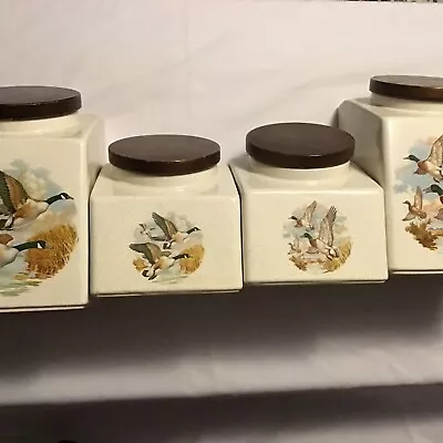 Set Of 4 Hyalyn USA Canisters. Mallard Duck Design Wood Tops Very Rare • $85