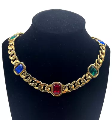 Stunning 1980 Vintage Mughal Necklace Glass Gemstone Thick Gold Plate Curb Chain • $150