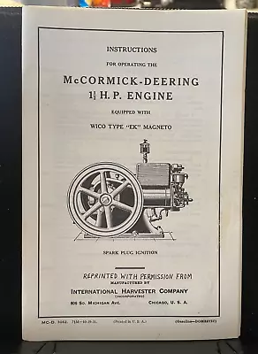 McCormick Deering 1 1/2 HP Engine Booklet - International Harvester Company • $10.50