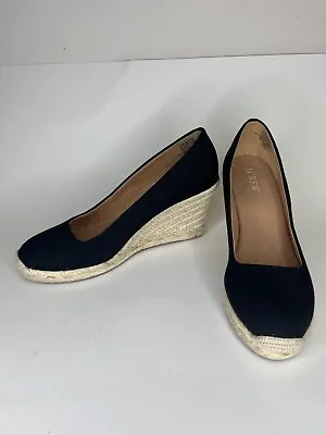 J. Crew Womens Seville AL003 Black Textile Slip On Wedge Espadrille Heels 7.5 • $30.36