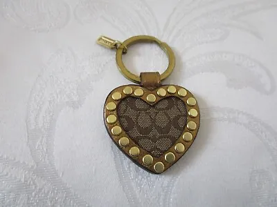 Vintage Coach Signature Heart Key Chain Canvas Leather Khaki Brown Gold Studded • $26