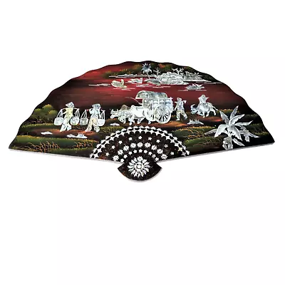 Asian Lacquered Fan Art Mother Of Pearl Abalone Inlay Wall Hanging • $75