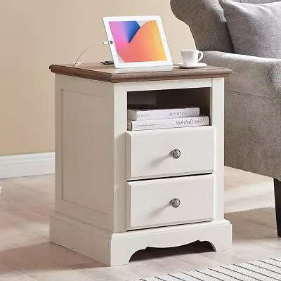 T4TREAM Nightstand With Charging Station18 Inch Vintage End Table With 2 Drawers • $128.99