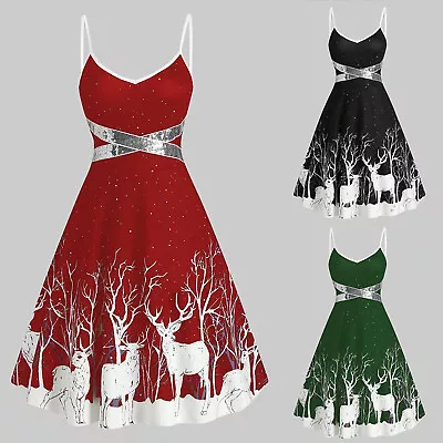 Women Christmas Print Sequin Patchwork Sleeveless Dress Deer Skater Party Dress • $33.17