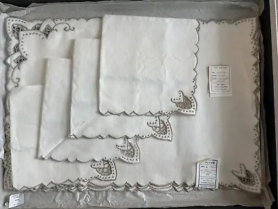 Madeira Linen Placemat Napkins Embroidered Set 8 Ivory Labels Marshall Field VTG • $27.99