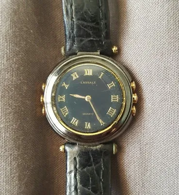 Vintage LASSALE QUARTZ Watch Working Black Gold 1F20-0D49 9N1492 Leather • $65