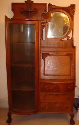 Antique Tiger Oak Side-by-Side Drop Front Secretary Bookcase With Curved Glass • $350