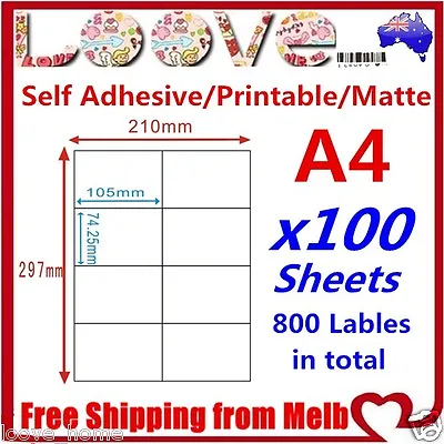 100x A4 Labels Sticker Paper Mailing Address Office Laser Inkjet 4x2 74.2x105mm  • $19.99