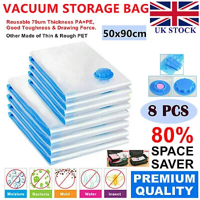 £6.59 • Buy 8pcs 50cm X 90cm Strong Vacuum Storage Space Saving Bags Vac Bag Space Saver UK