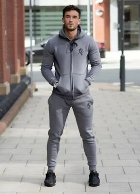 New Gym King Full Hooded Tracksuit Top & Bottoms Gym Wear Muscle Fit Steel Grey • £39.99