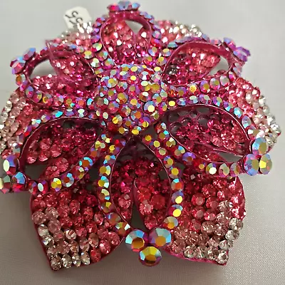 Magnetic Brooch Large Pink Clear Rhinestones Flower Pink Hat Event Valentines • $27.50