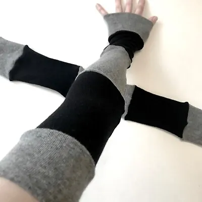 Womens Goth Gloves Black Striped Arm Warmers Gray Patchwork Socks Full Arm Cover • $16