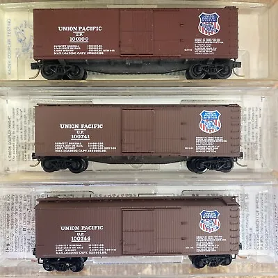 N Scale MTL Kadee UP Union Pacific 40’ Overland Wood Box Car Runner 3-Pack Set • $59.95