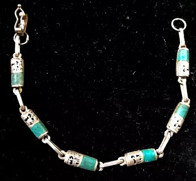 Vintage Handmade 950 Sterling & Turquoise Mexico Mayan Link Bracelet • $59.95