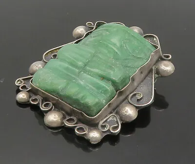 MEXICO 925 Sterling Silver - Vintage Jade Carved Statue Brooch Pin - BP6241 • $79.95