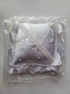 Best Bridal White Satin Ring Bearer Pillow With Beaded Lace & Ruffled Edge New  • £7.57