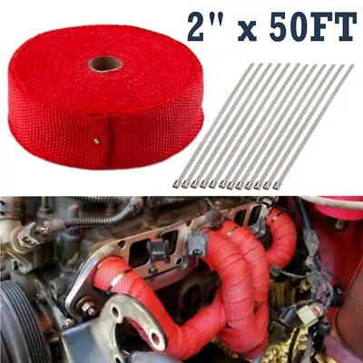 Red 2  X 50FT Exhaust Header Fiberglass Heat Wrap Tape W/ 10 Ties For Motorcycle • $16.76