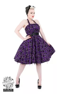 H & R London Tartan Flocked Punk Goth Rockabilly Halterneck Dress Purple • $69.45