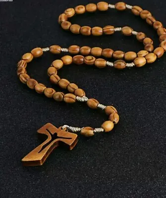 Wooden Rosary Bead Necklace Cross Crucifix Brown Fathers Day Mens Boy Women Gift • £6.99