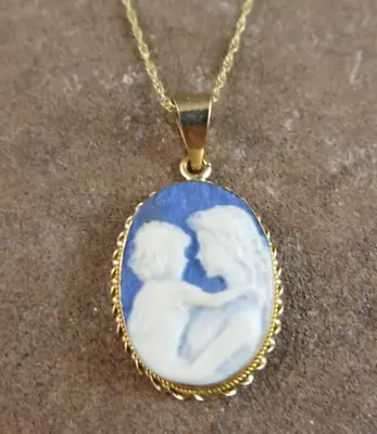 Blue White Mother & Child Cameo 10K Yellow Gold Pendant 18  Chain Necklace #229 • $350