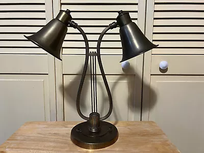 Antique Deco Brass Lyre Harp Double Desk Table Lamp  • $135