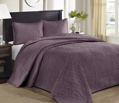 PURPLE 3pc King / Cal King 120x118 BEDSPREAD XXL SET : MEDALLION QUILT MATELASSE • $116.45