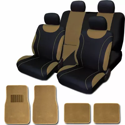 For VW New Flat Cloth Black And Tan Car Seat Covers Floor Mats Set • $41.84